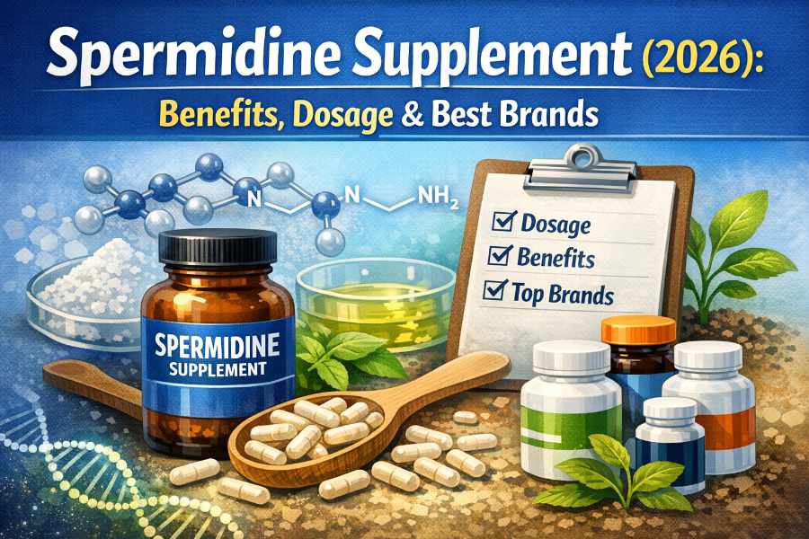 Spermidine supplement bottle with capsules, molecular structure diagram, and checklist showing dosage benefits and top brands